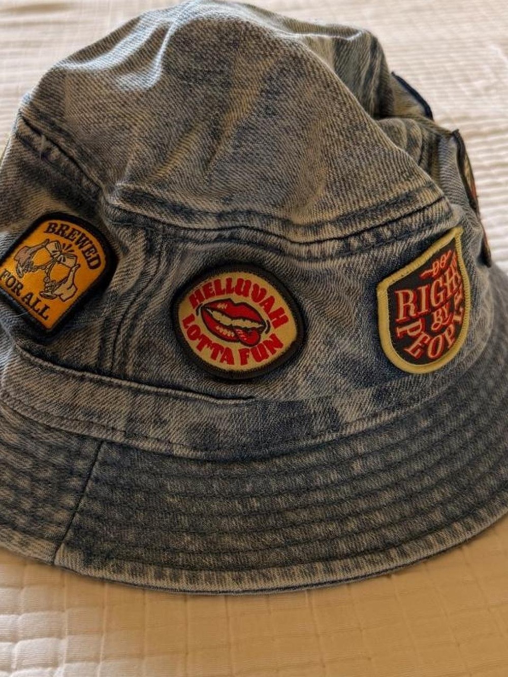 Denim-Look Patch Bucket Hat in Light Blue with Fun Patches